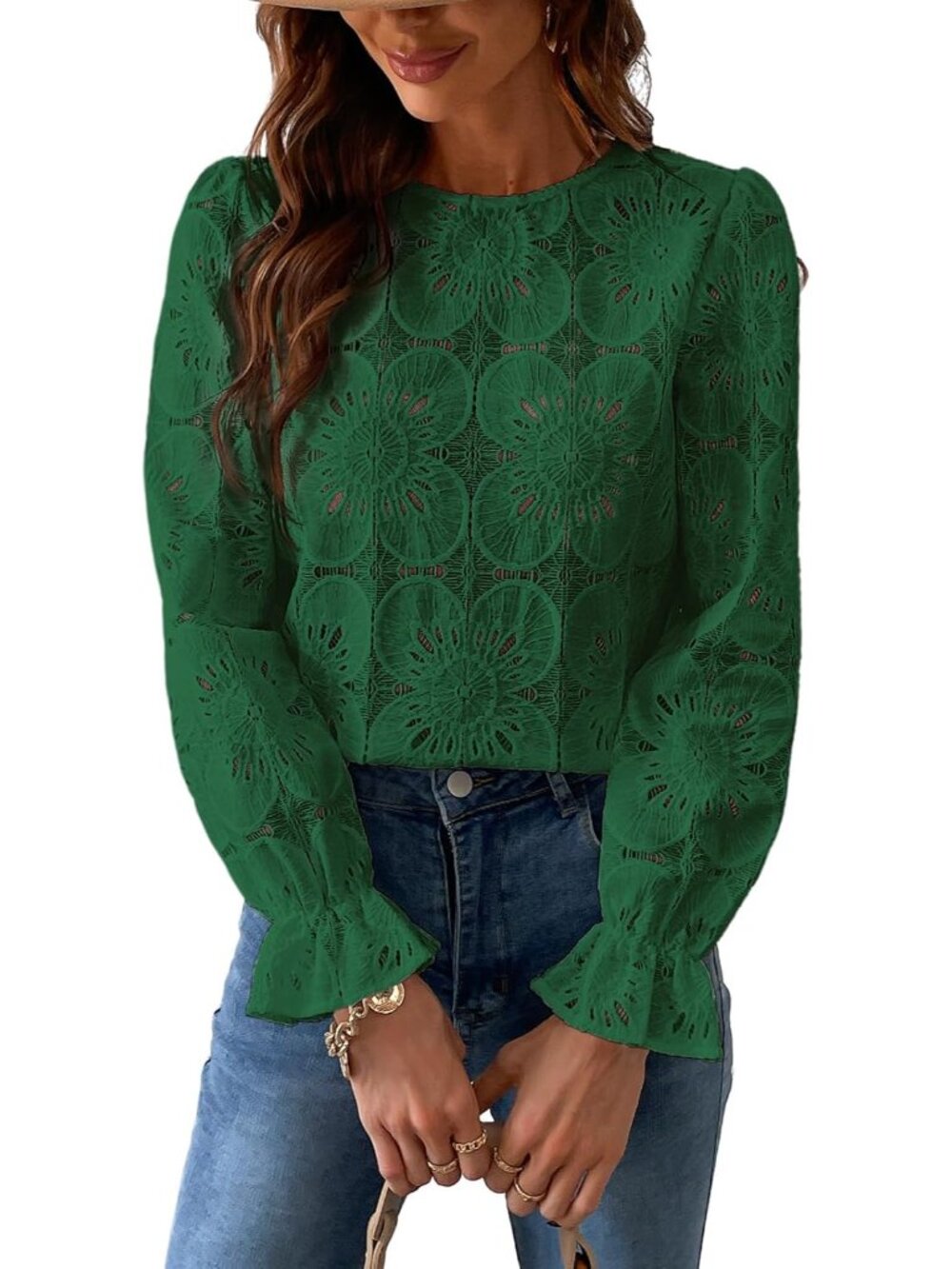 Women's Lace Eyelet Puff Sleeve Blouse
